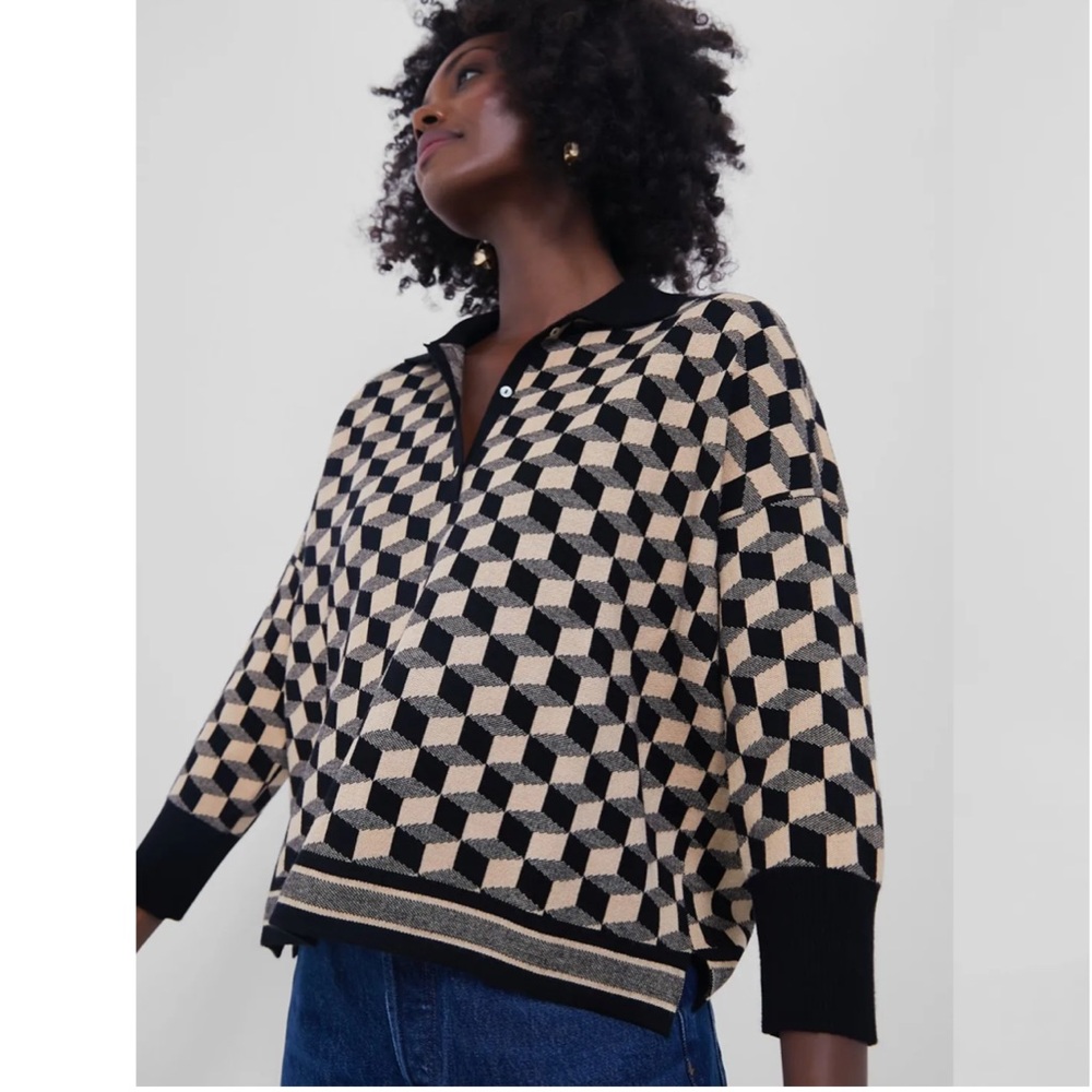 Tuckernuck Onyx and Camel Knit Geo Clayton Polo in Black Camel Geo / XL/XXL
